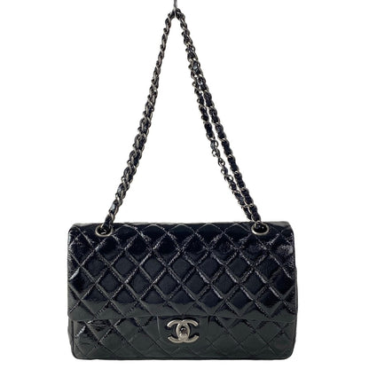 Chanel Shoulder Bag Double Flap Quilted Black Chain Matte Silver Leather