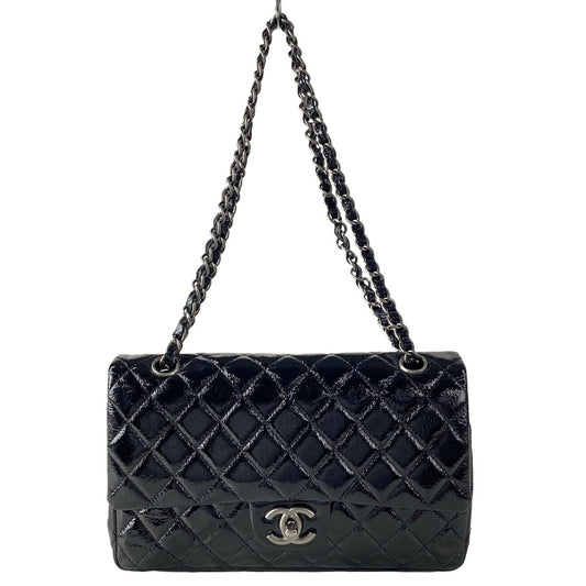 Chanel Shoulder Bag Double Flap Quilted Black Chain Matte Silver Leather