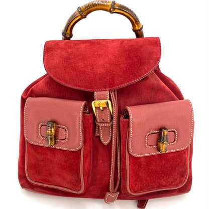Gucci Backpack Suede Red Travel Business Bamboo