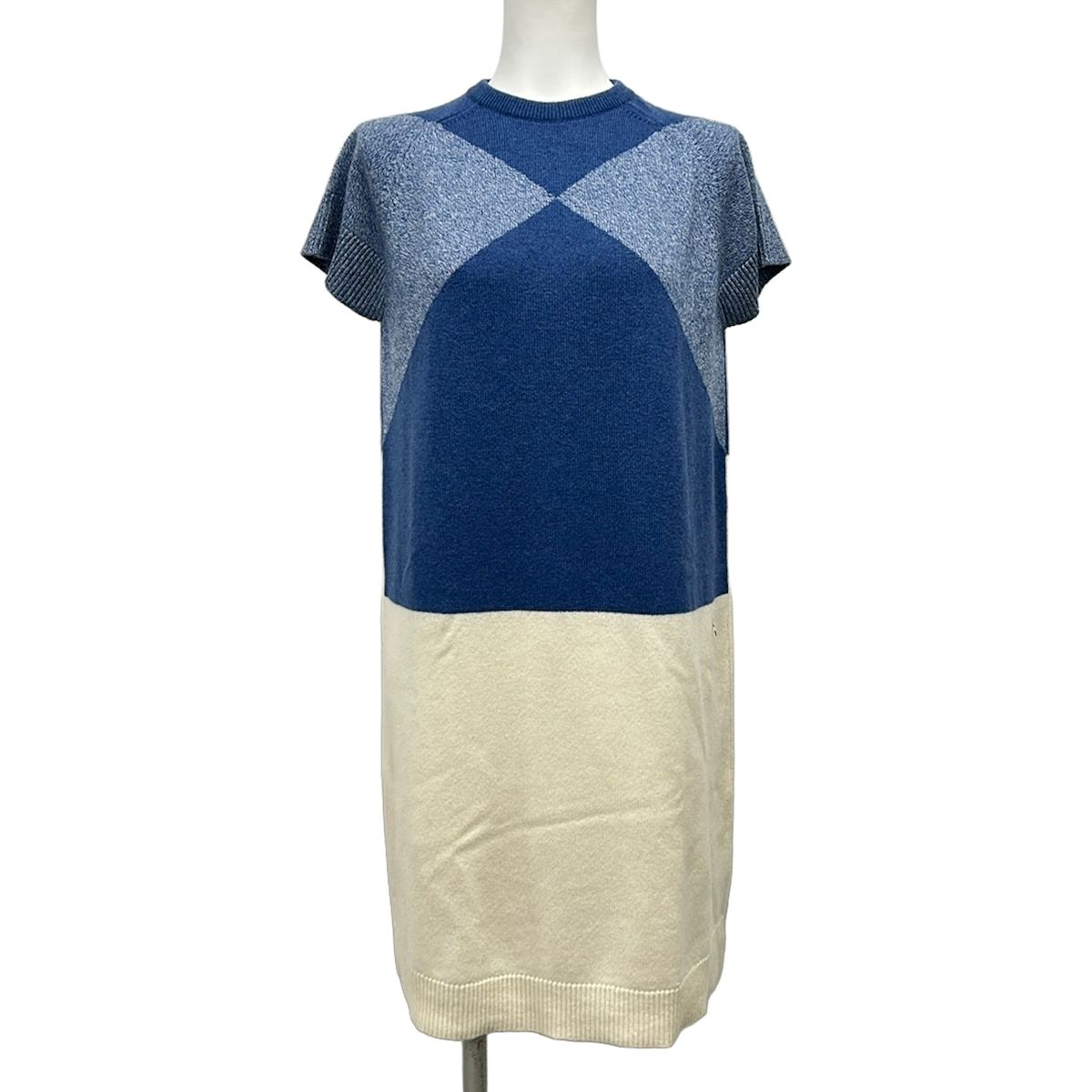 Hermes Dress 36 S Blue Ivory Short Sleeve Knee Length Cashmere
