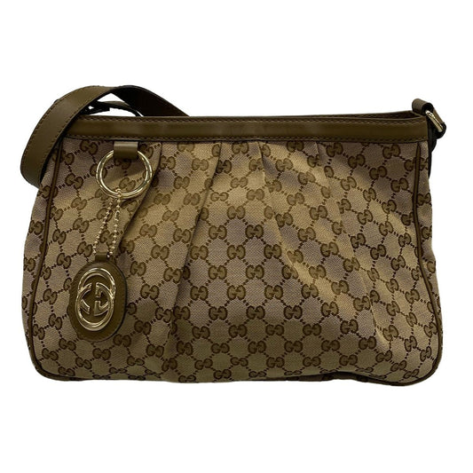 Gucci Shoulder Bag Ski GG Pattern Beige Dark Brown Leather