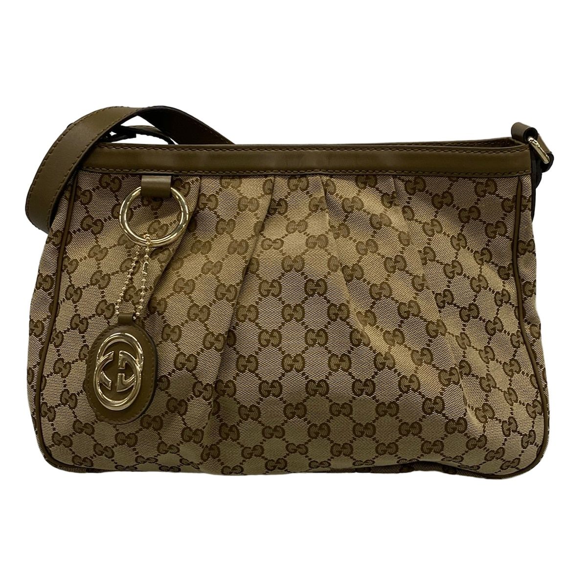 Gucci Shoulder Bag Ski GG Pattern Beige Dark Brown Leather