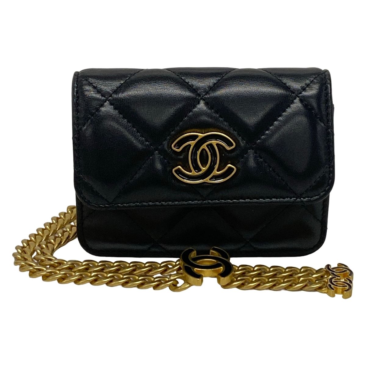 Chanel Waist Pouch Quilted Black Chain Belt Vintage Gold Lambskin
