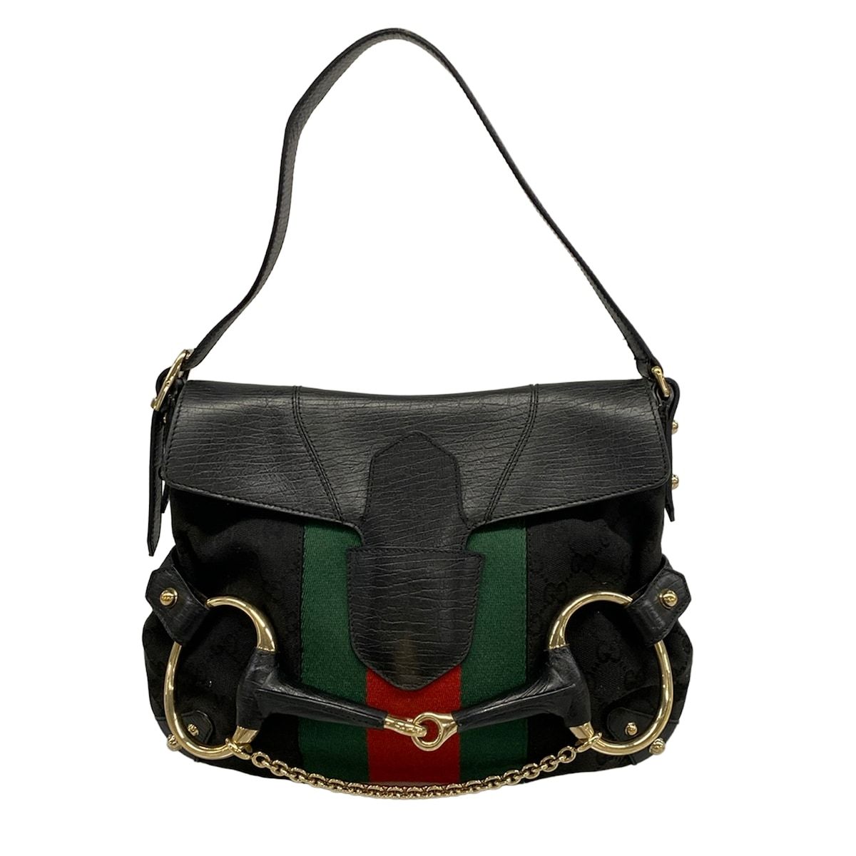 Gucci Shoulder Bag Horsebit Sherry GG Pattern Black Leather