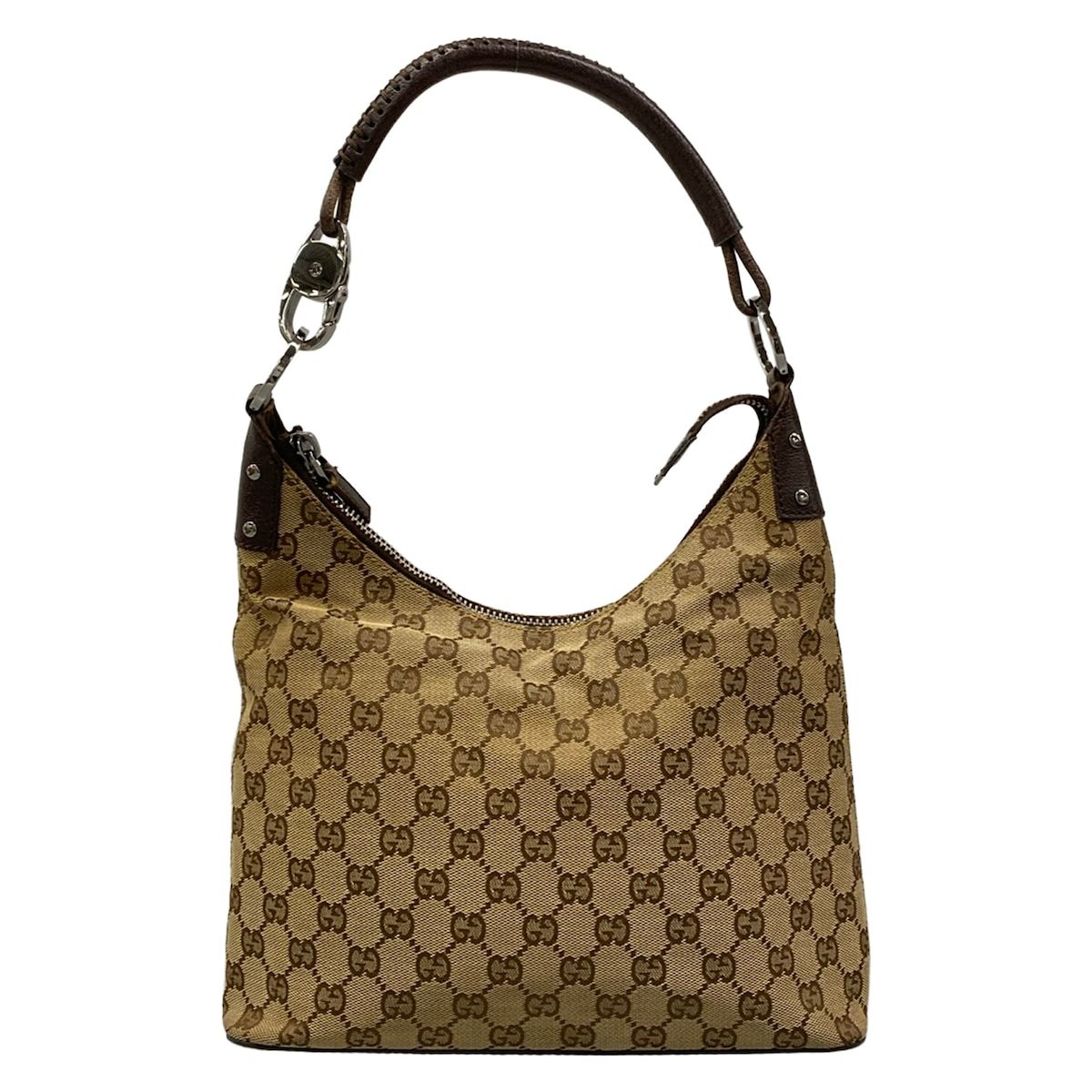 Gucci Shoulder Bag GG Pattern Beige Dark Brown Leather