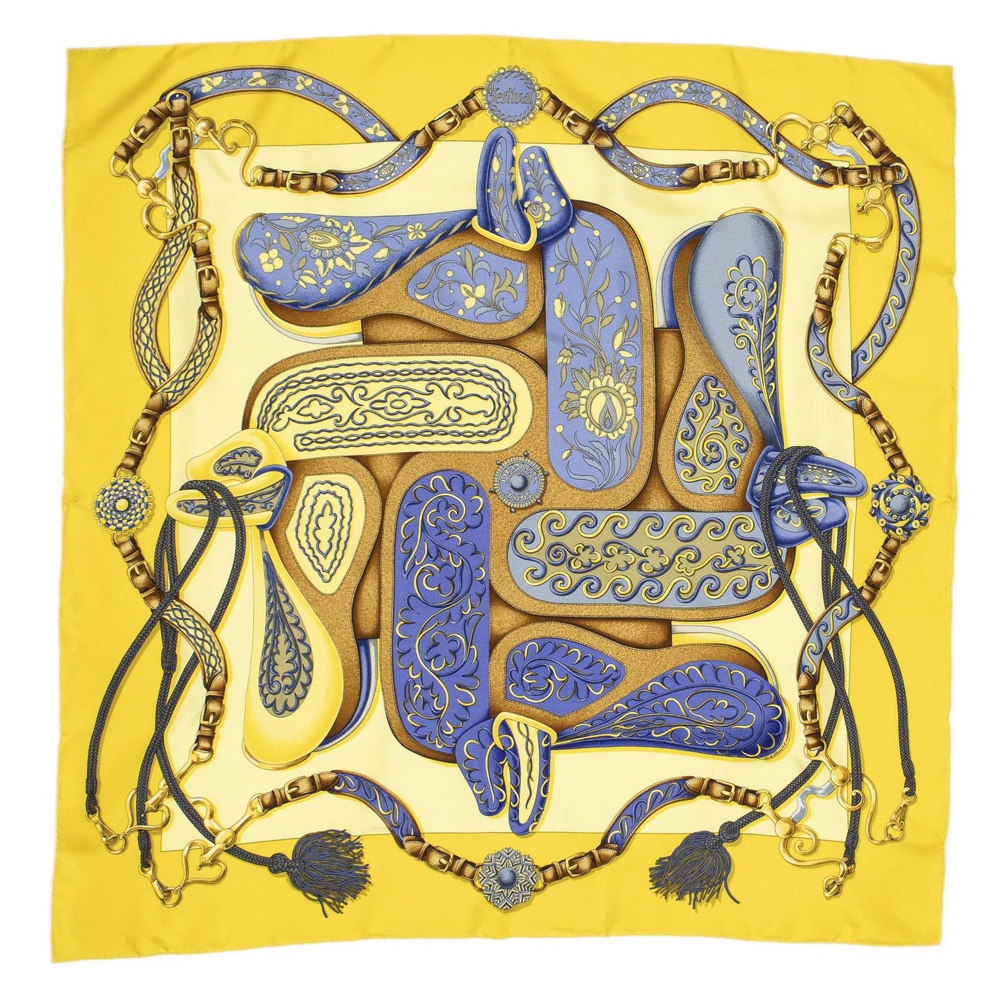 Hermes Scarf Yellow Blue Brown Silk — view 2