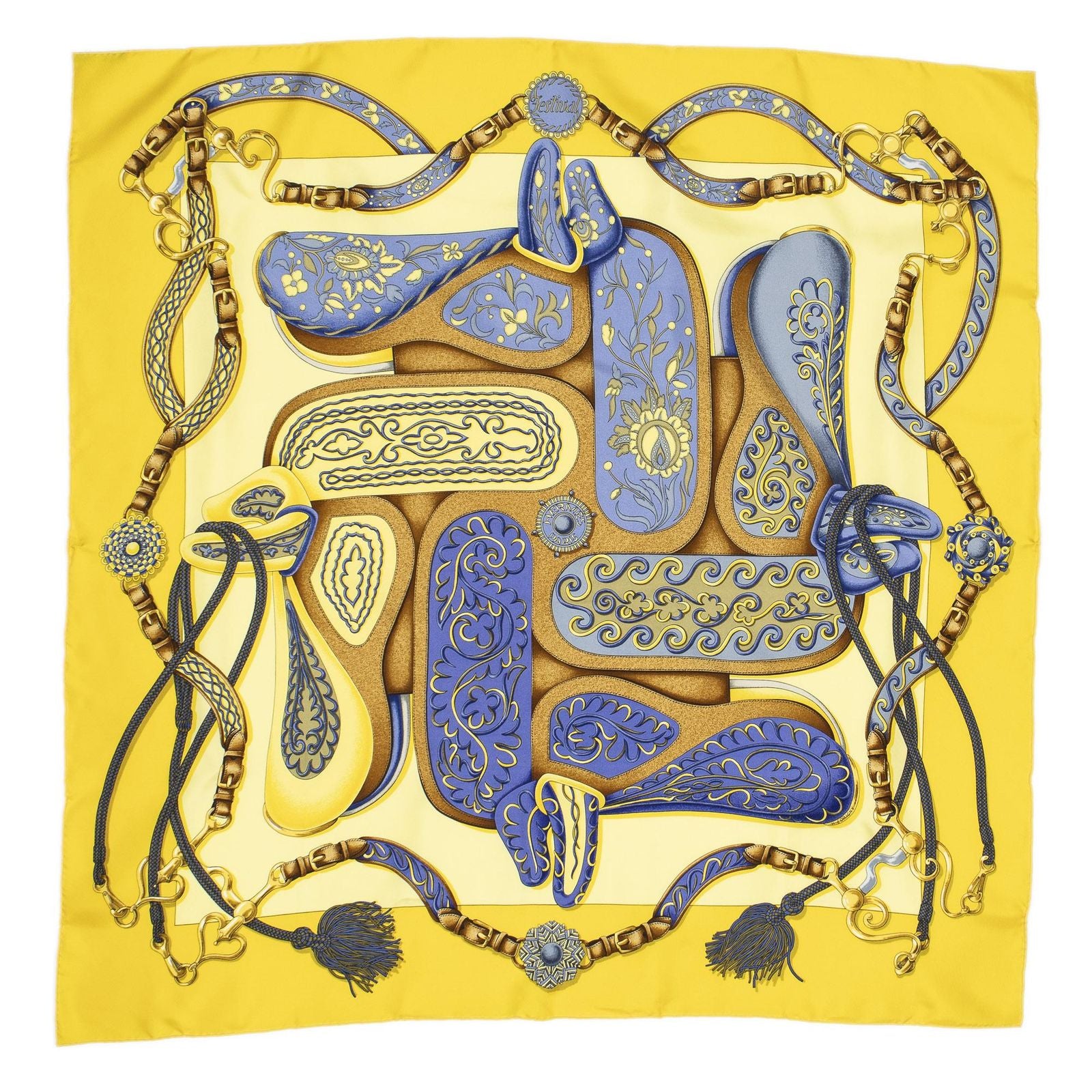 Hermes Scarf Yellow Blue Brown Silk — view 2