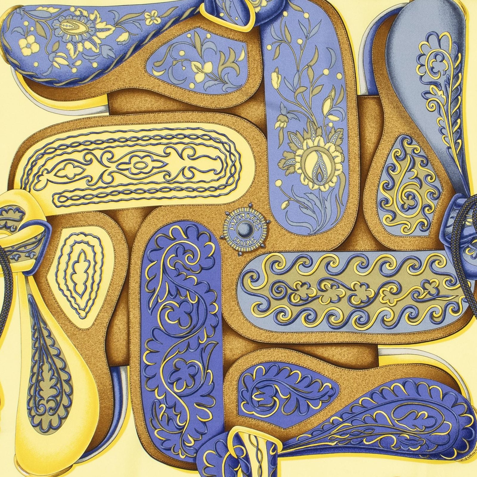 Hermes Scarf Yellow Blue Brown Silk — view 3