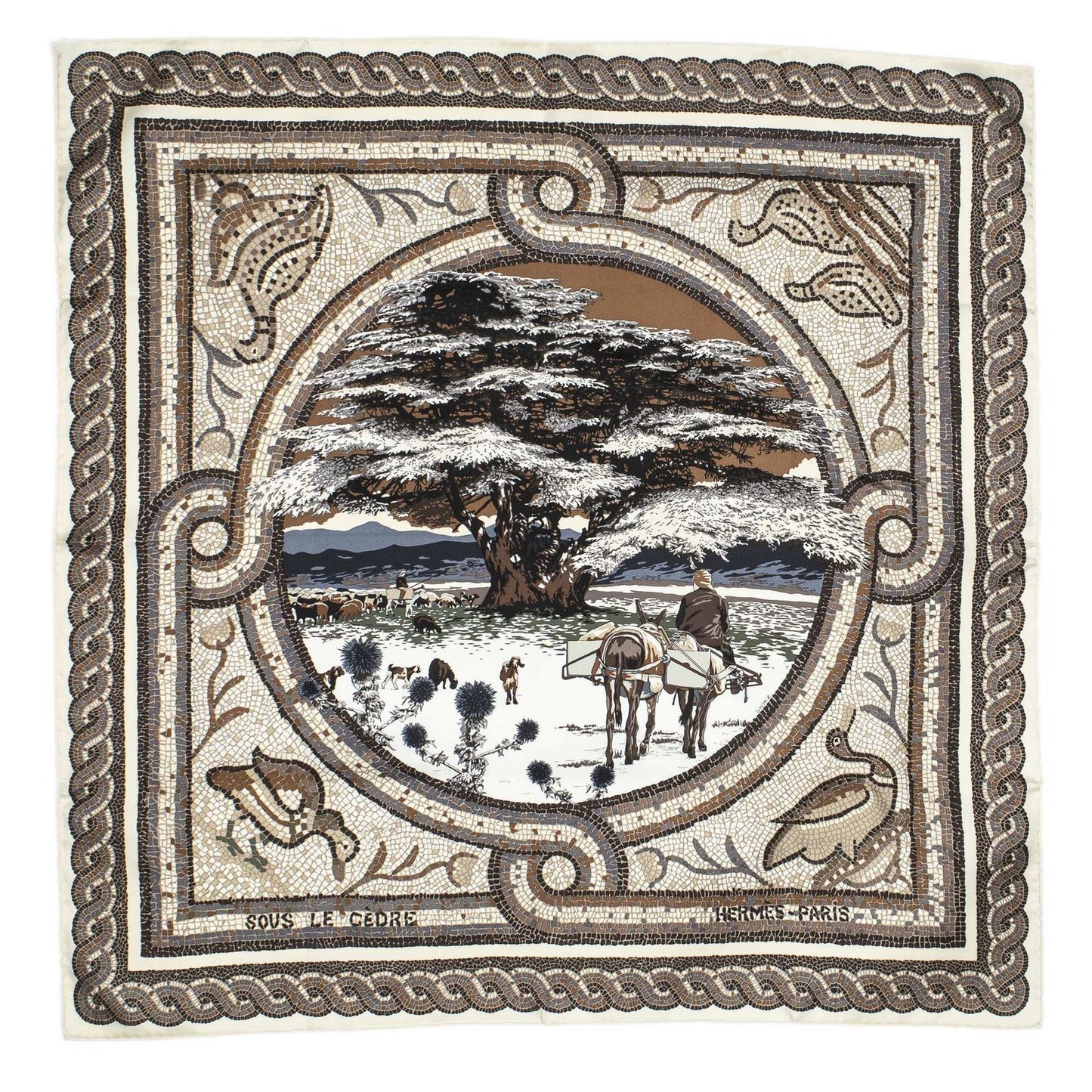 Hermes Scarf Brown Beige Twill Silk — view 2