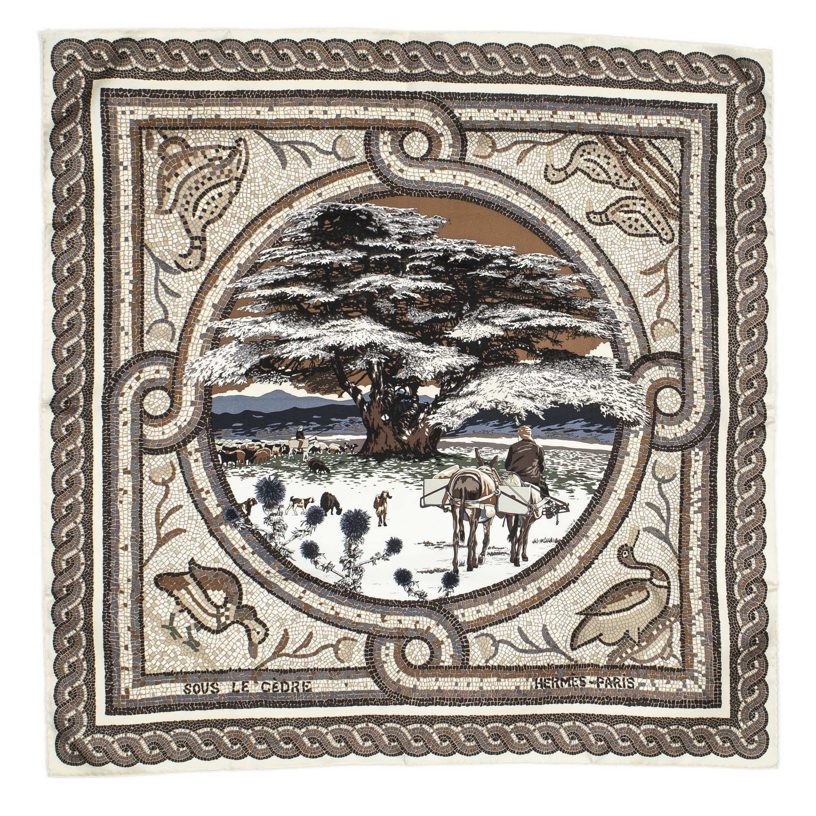 Hermes Scarf Brown Beige Twill Silk — view 2