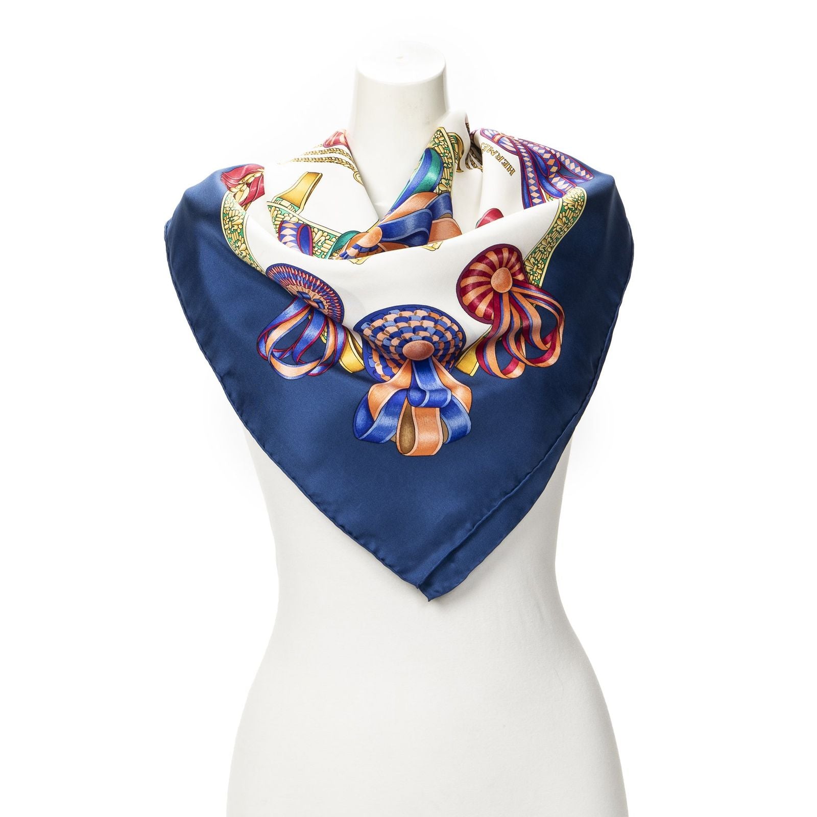 Hermes Scarf Blue Ivory Gold Silk