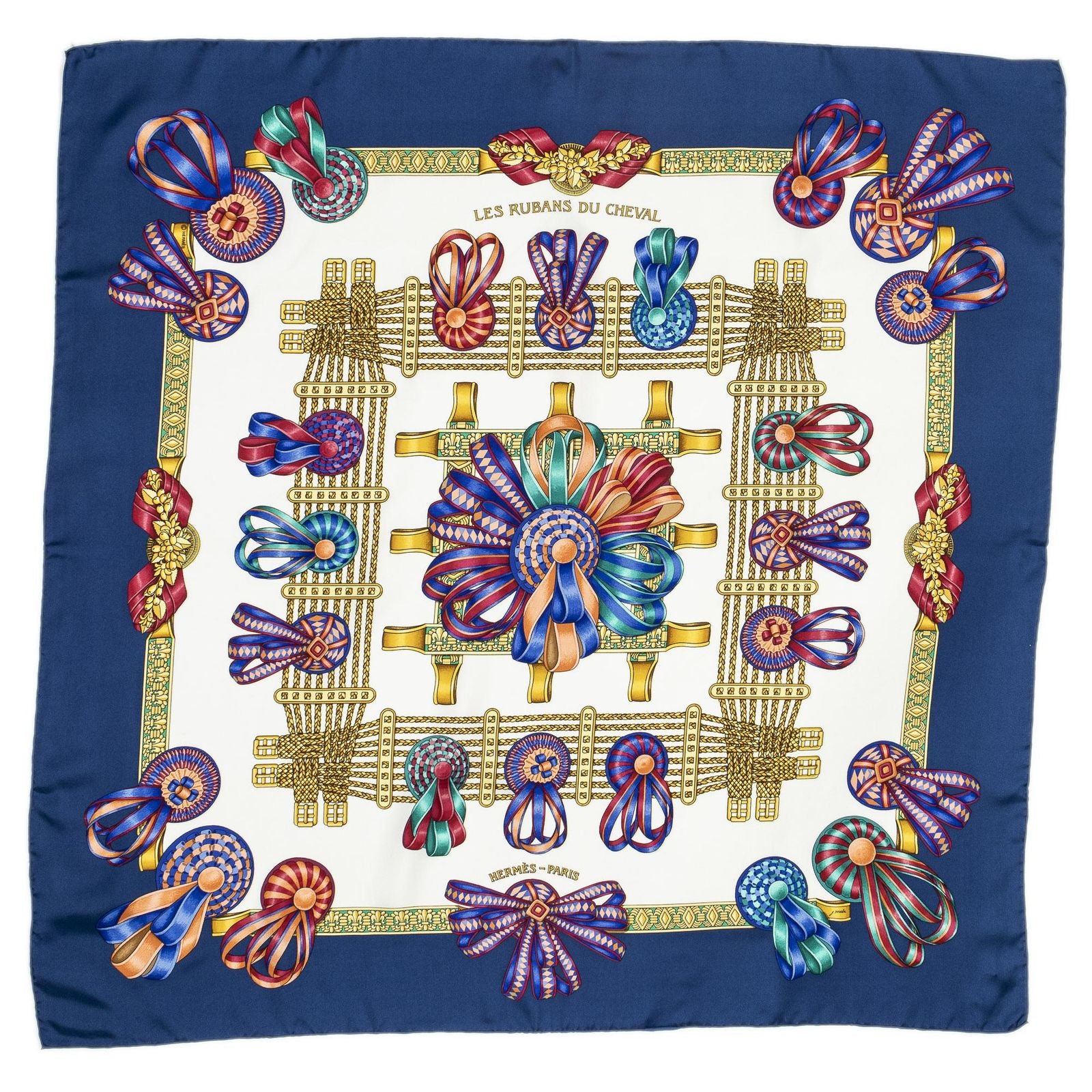 Hermes Scarf Blue Ivory Gold Silk — view 2