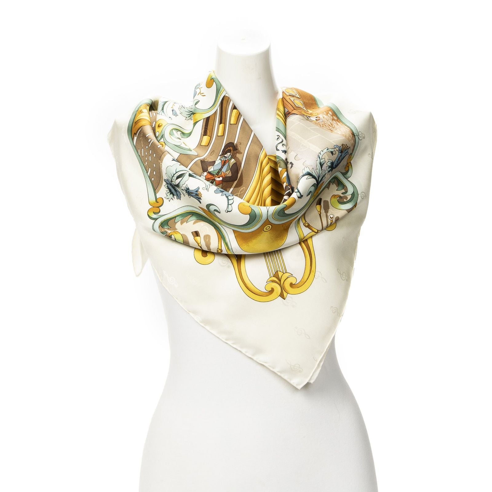 Hermes Scarf Ivory Green 100% Gold Jacquard Silk