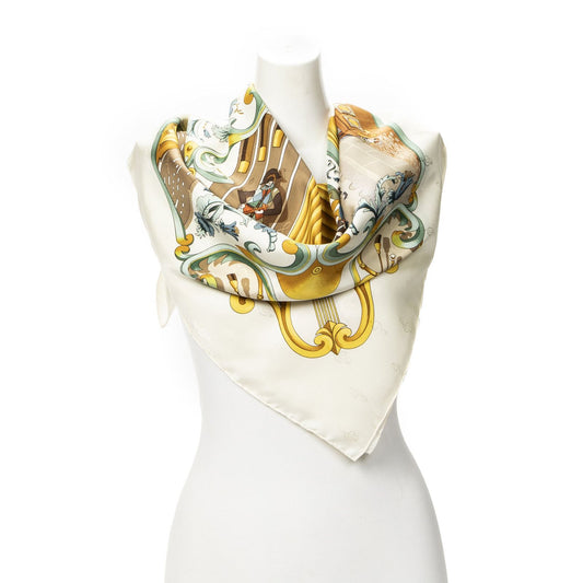 Hermes Scarf Ivory Green 100% Gold Jacquard Silk