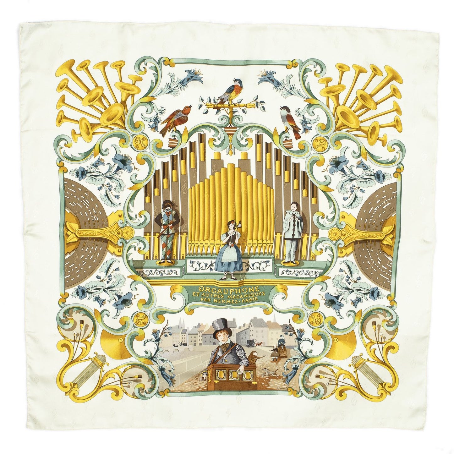 Hermes Scarf Ivory Green 100% Gold Jacquard Silk — view 2