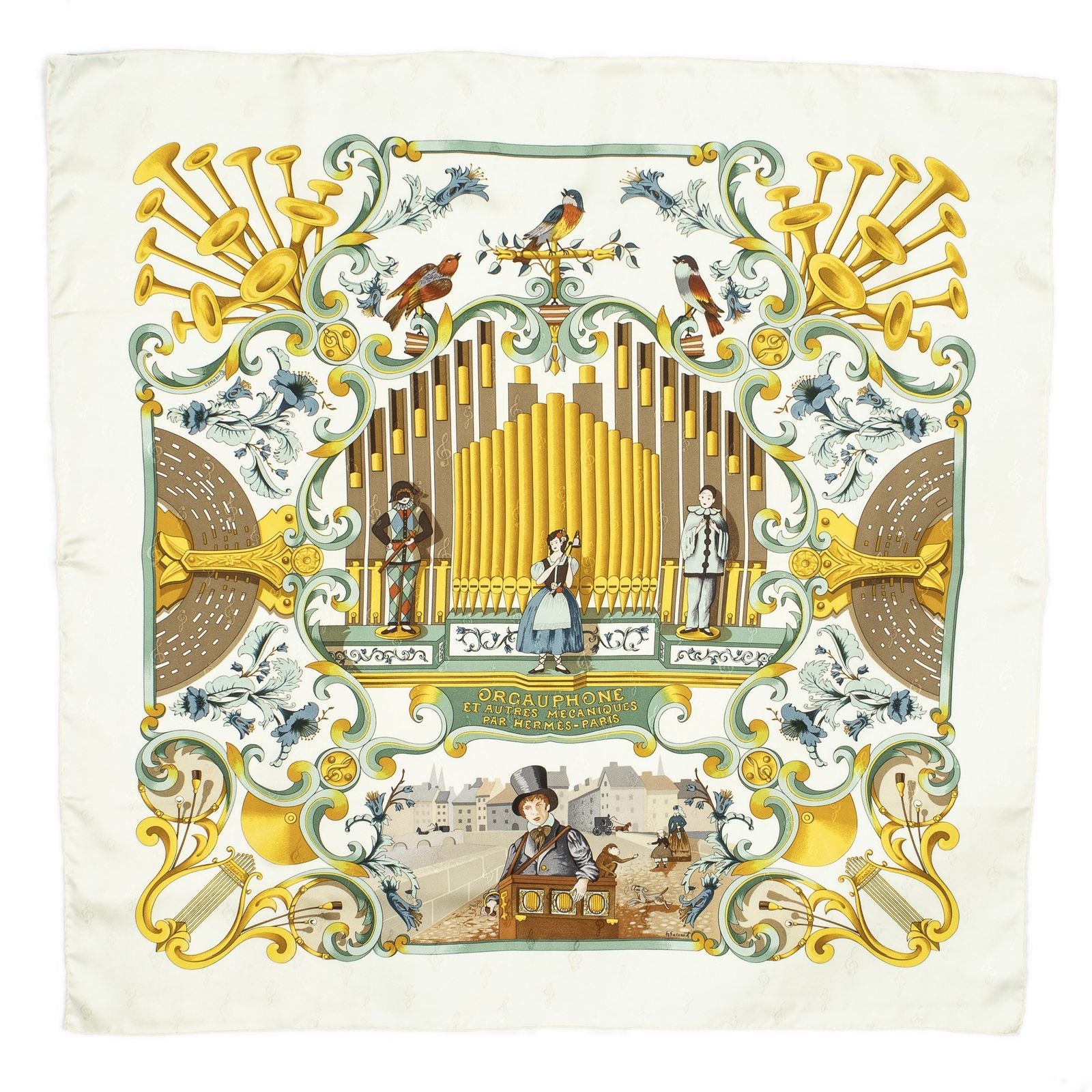 Hermes Scarf Ivory Green 100% Gold Jacquard Silk — view 2