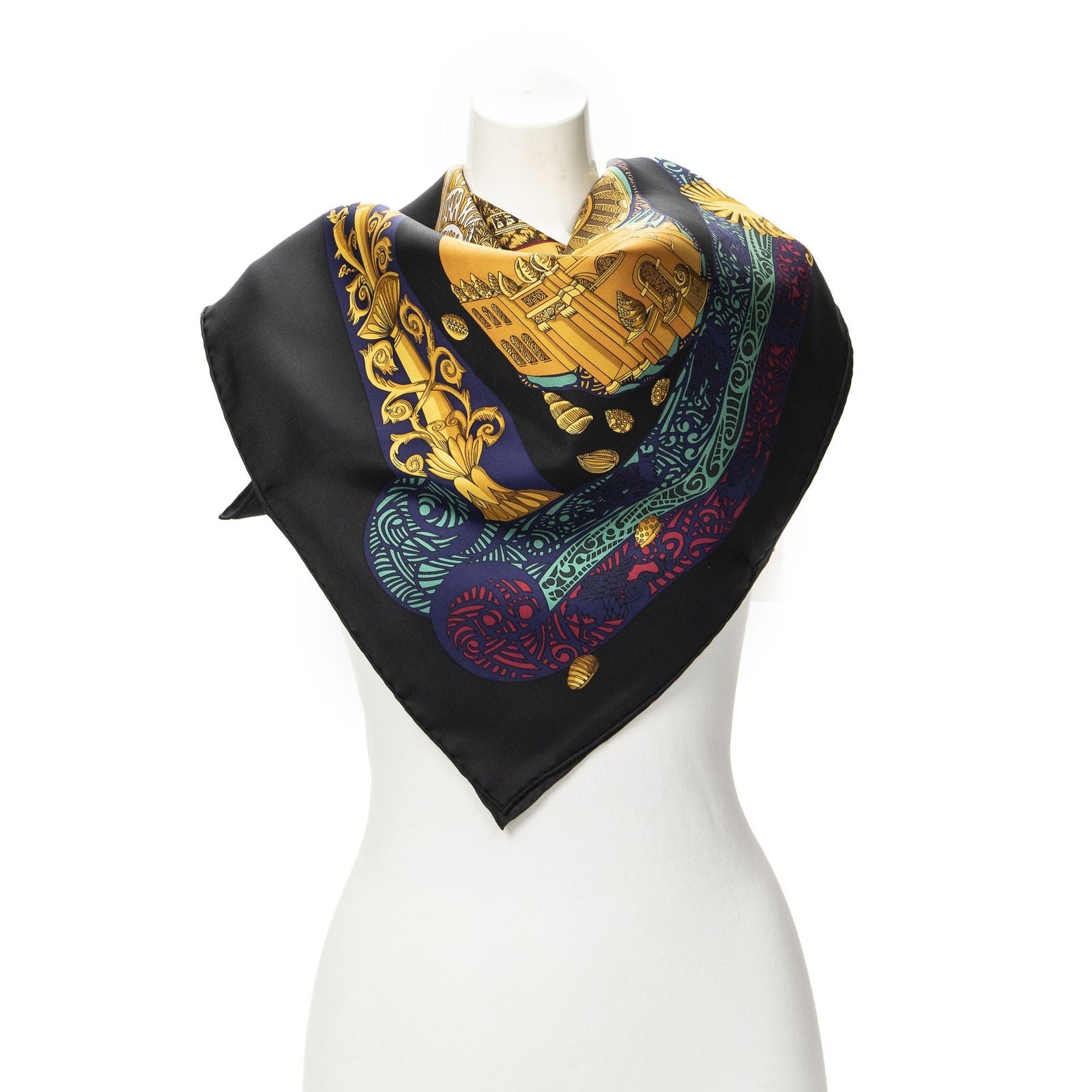 Hermes Scarf Black Gold Navy Silk