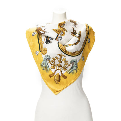 Hermes Scarf Yellow Ivory Brown 100% Jacquard Silk