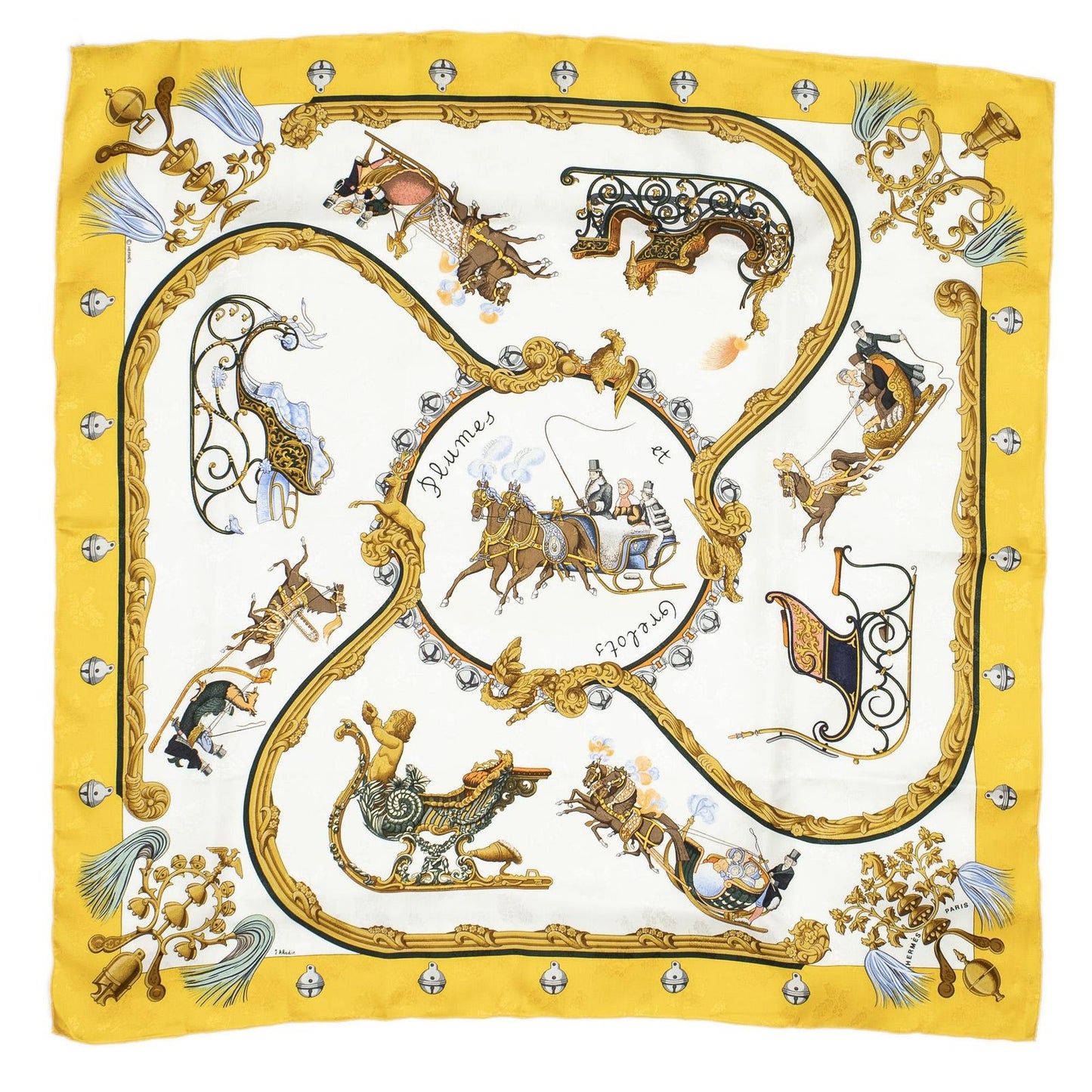 Hermes Scarf Yellow Ivory Brown 100% Jacquard Silk — view 2