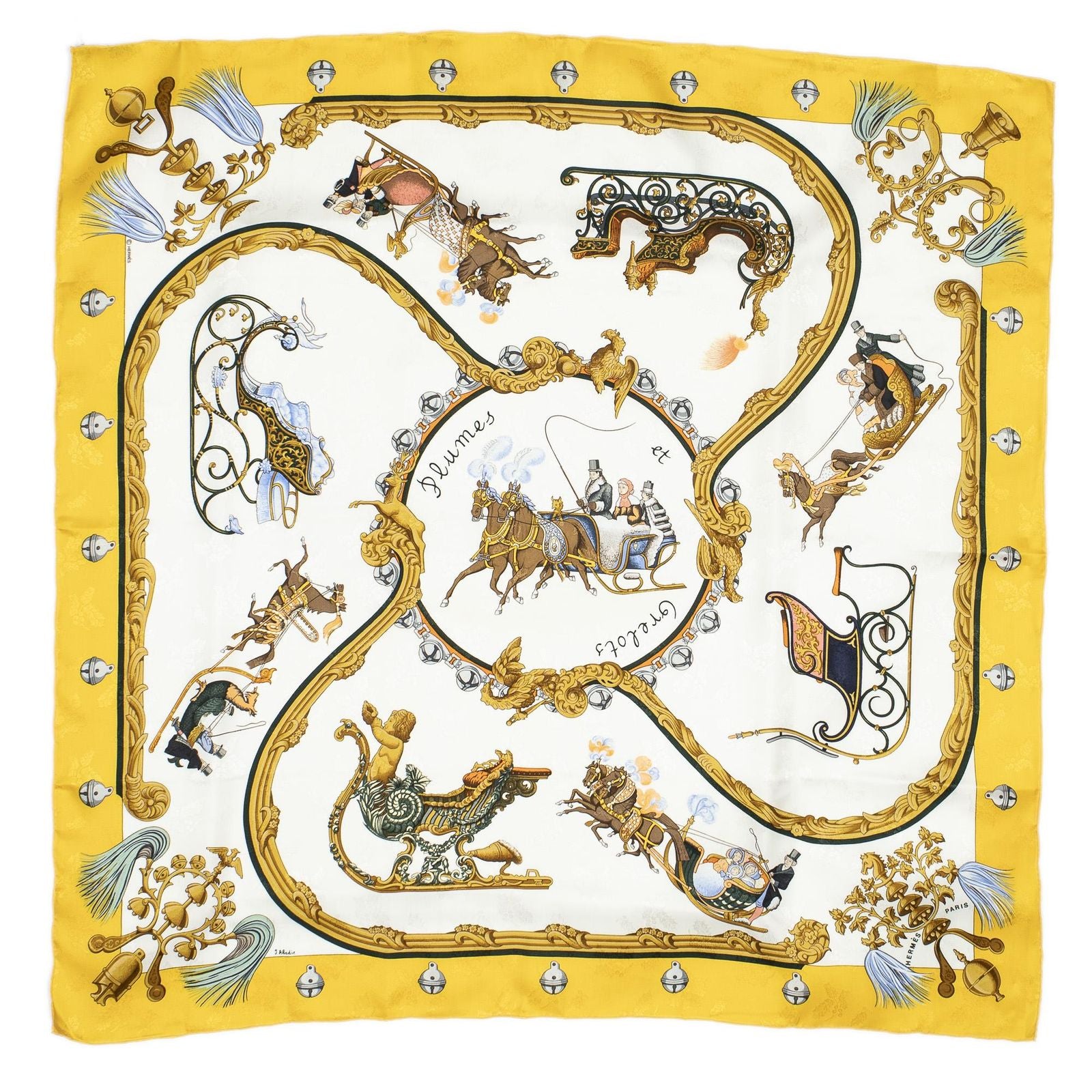 Hermes Scarf Yellow Ivory Brown 100% Jacquard Silk — view 2