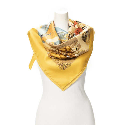 Hermes Scarf Yellow Brown Light Blue Silk