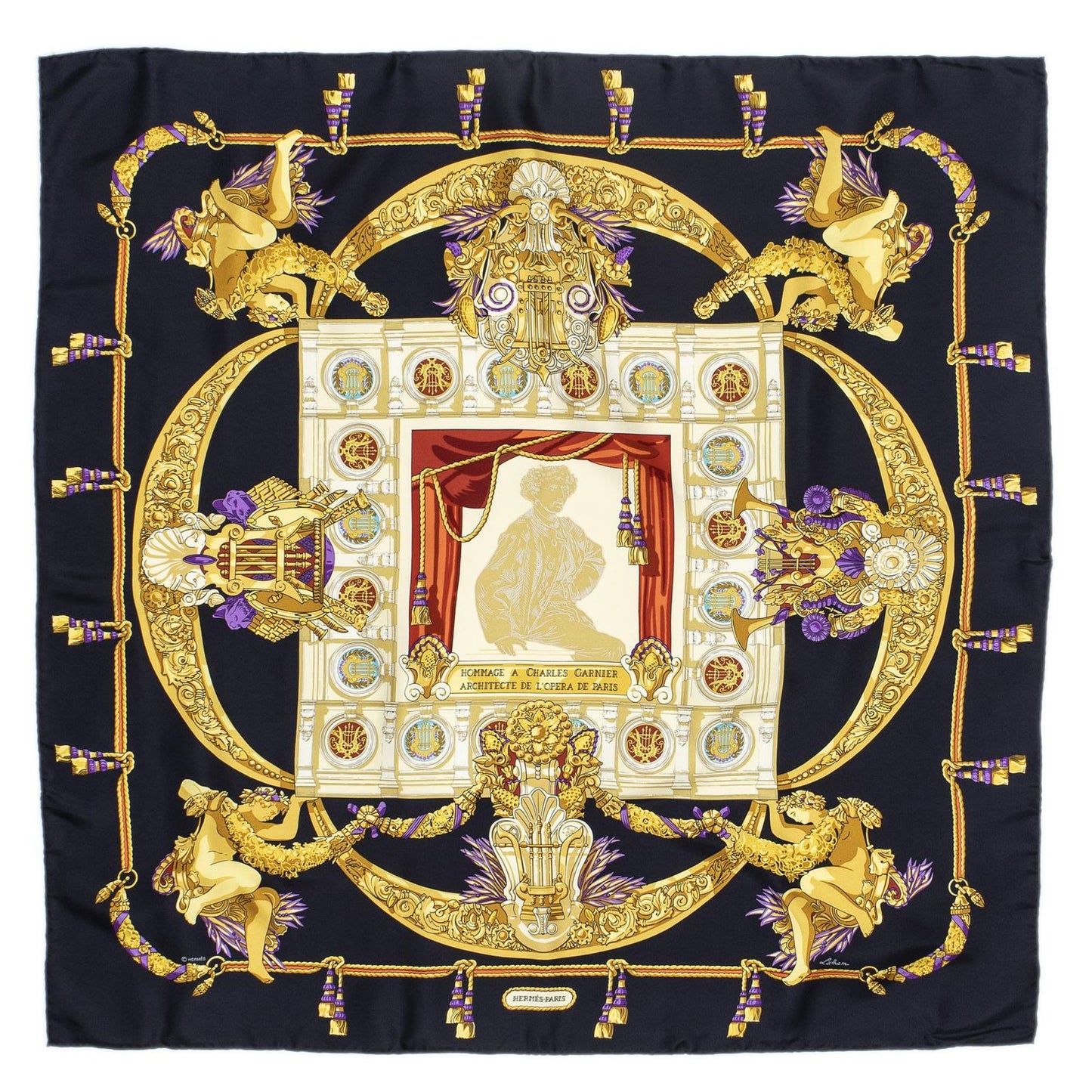 Hermes Scarf Navy Gold Purple Silk — view 2