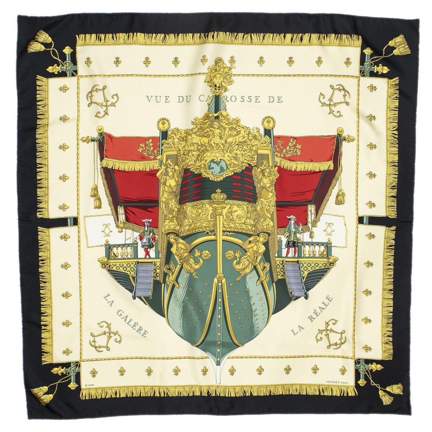 Hermes Scarf Beige Black 100% Gold Twill Silk — view 2