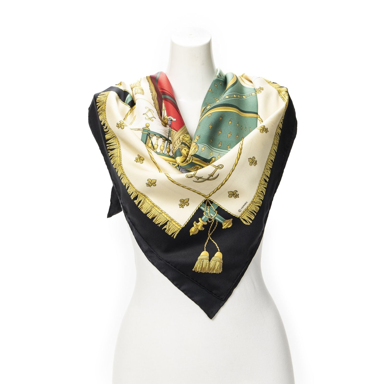 Hermes Scarf Beige Black 100% Gold Twill Silk
