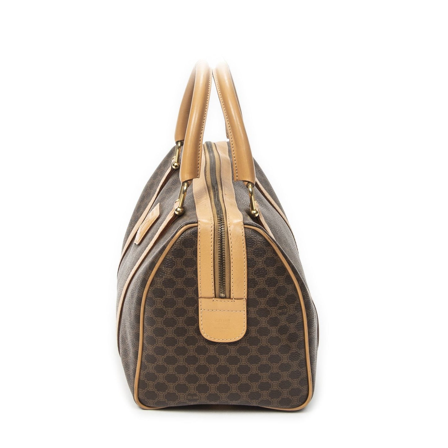 Celine Vintage Small Boston Brown Beige Macadam Canvas Shoulder — view 3