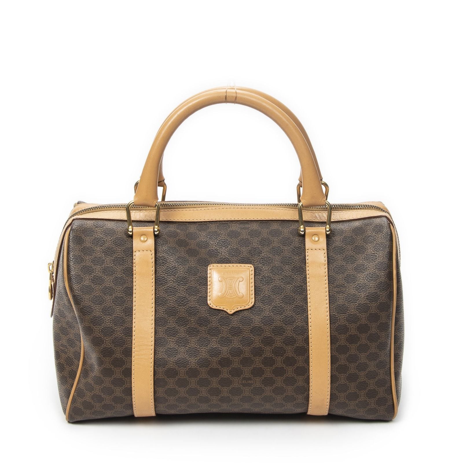 Celine Vintage Small Boston Brown Beige Macadam Canvas Shoulder