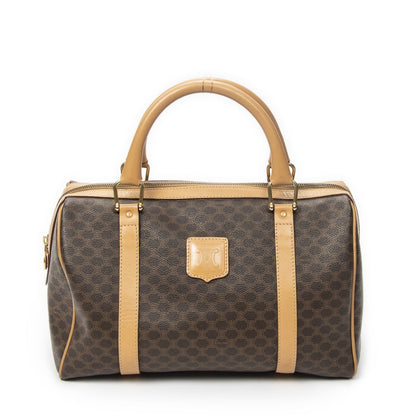 Celine Vintage Small Boston Brown Beige Macadam Canvas Shoulder