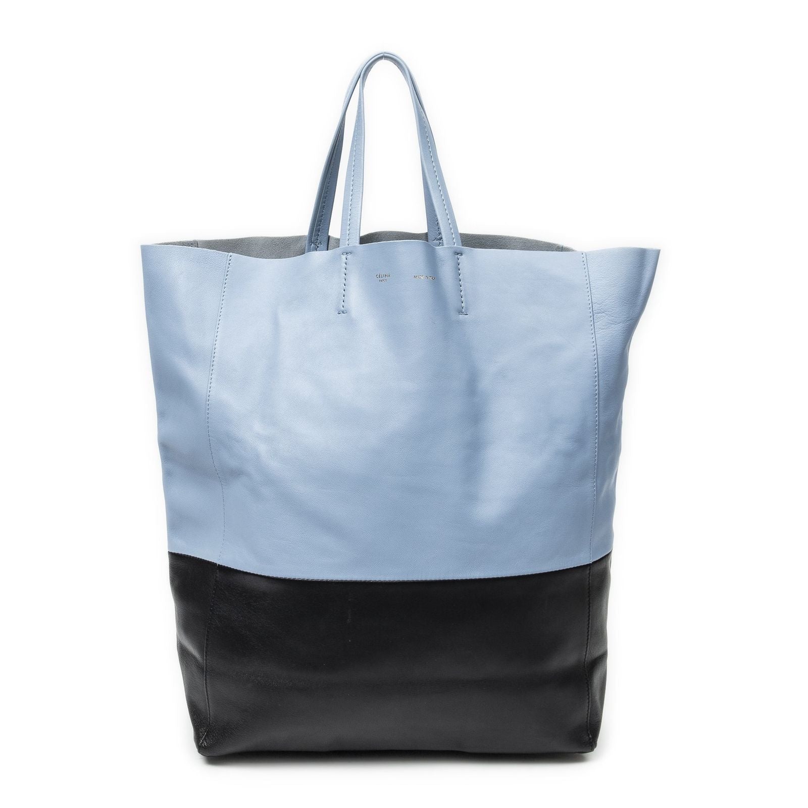 Celine Bicolor Vertical Cabas Tote Light Blue Black Calfskin Leather