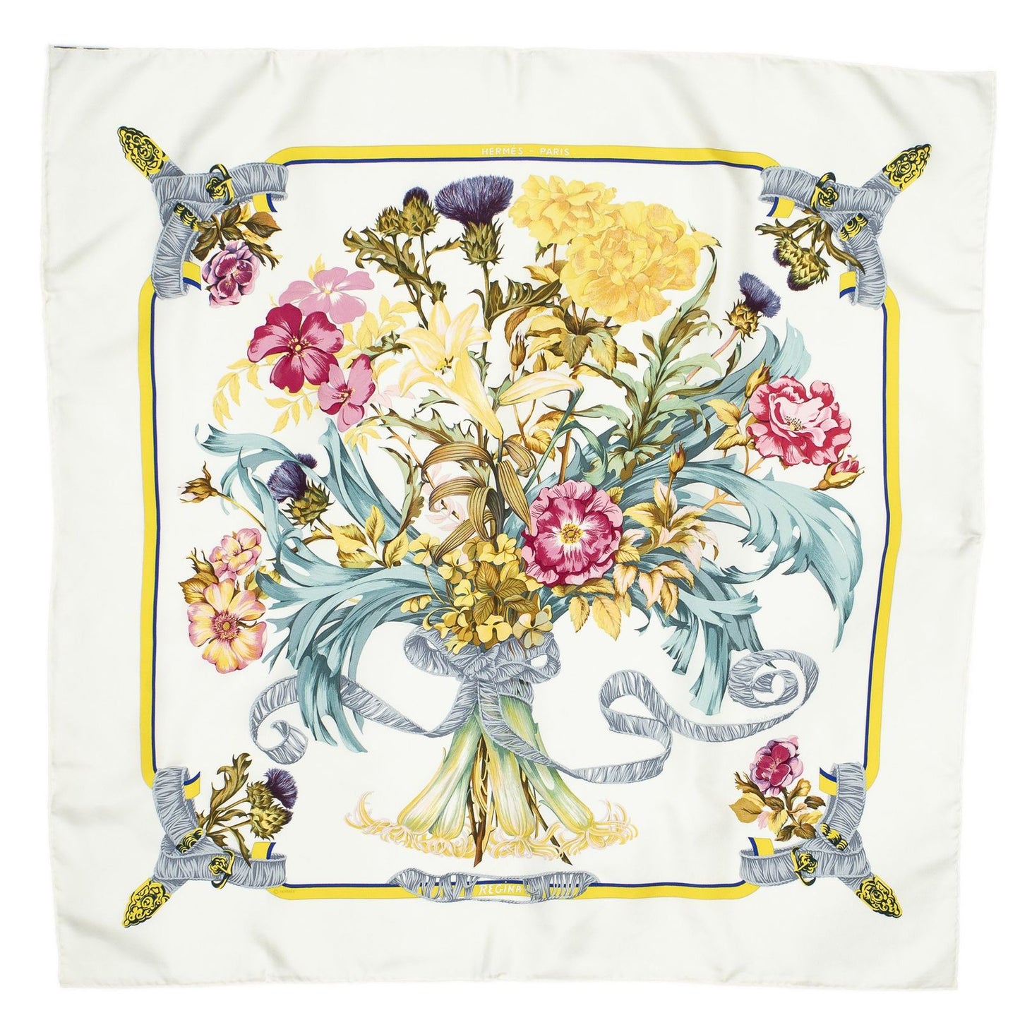 Hermes Scarf Ivory Yellow Teal Silk — view 2