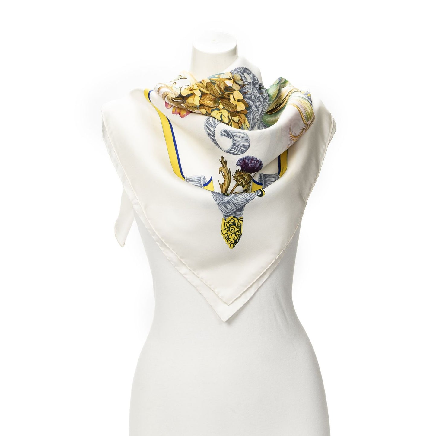 Hermes Scarf Ivory Yellow Teal Silk