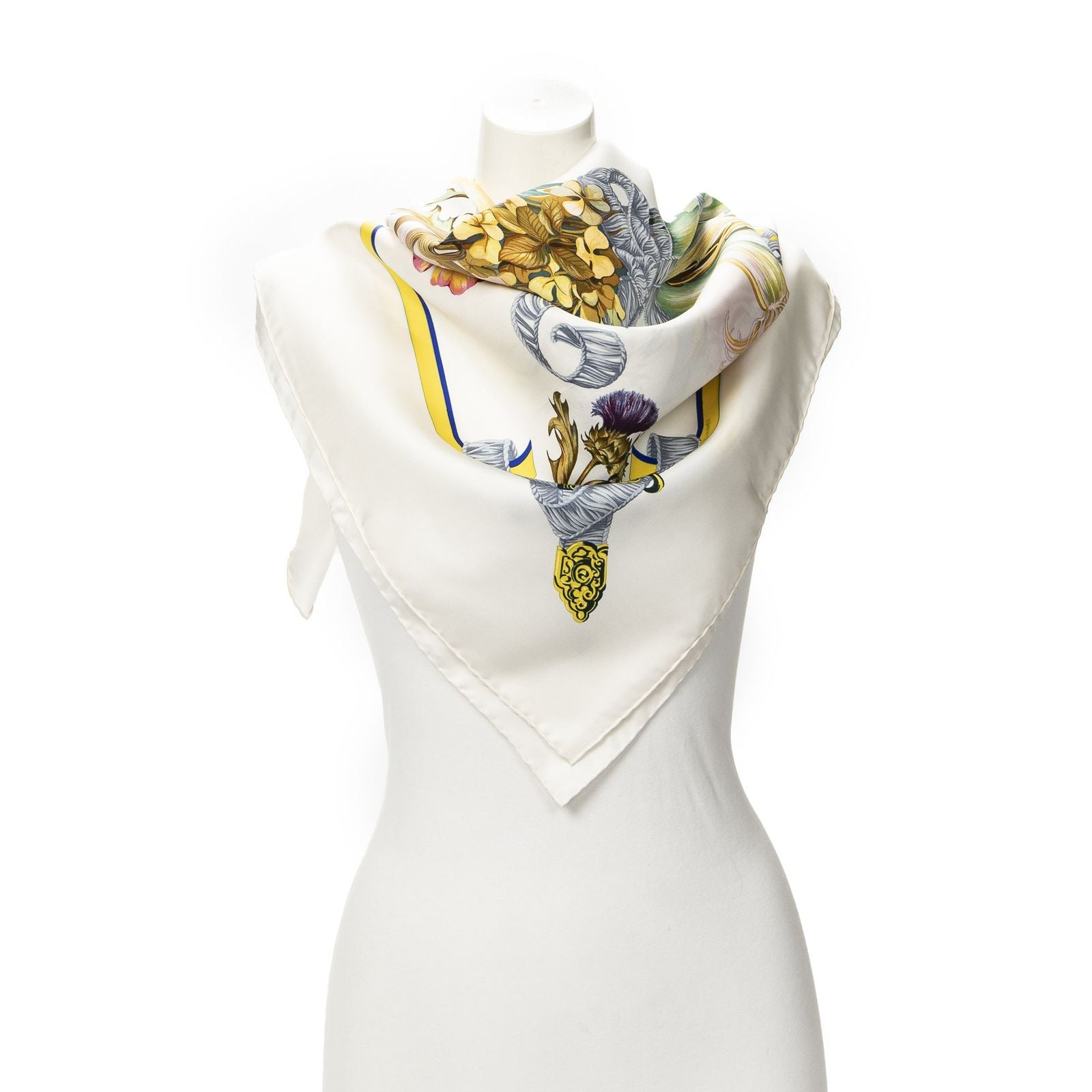 Hermes Scarf Ivory Yellow Teal Silk