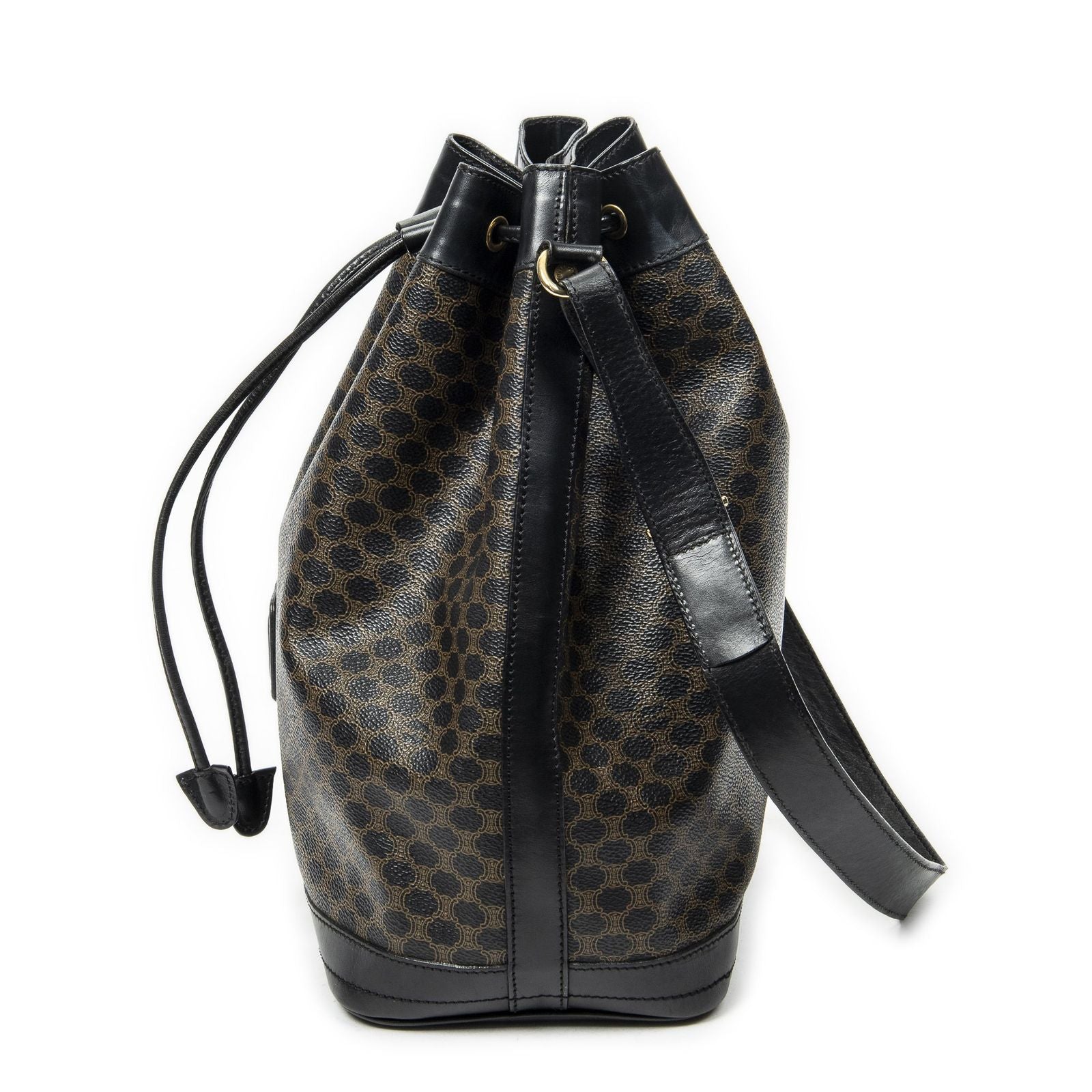 Celine Vintage Drawstring Bucket Tote Black Brown Macadam Canvas — view 3