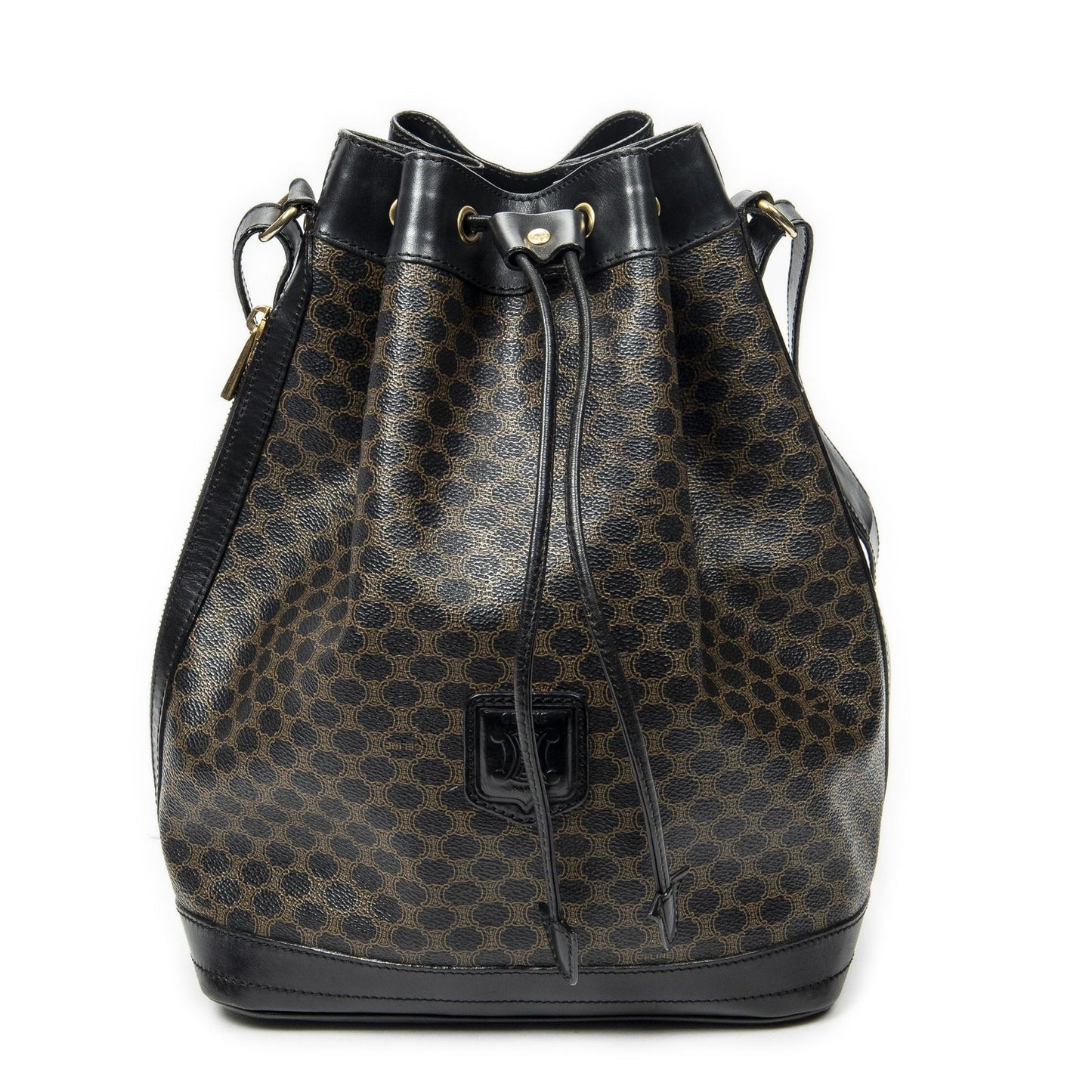Celine Vintage Drawstring Bucket Tote Black Brown Macadam Canvas