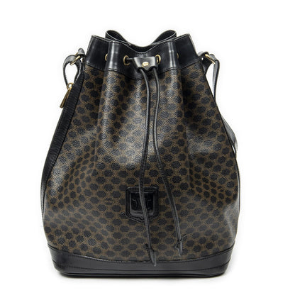 Celine Vintage Drawstring Bucket Tote Black Brown Macadam Canvas
