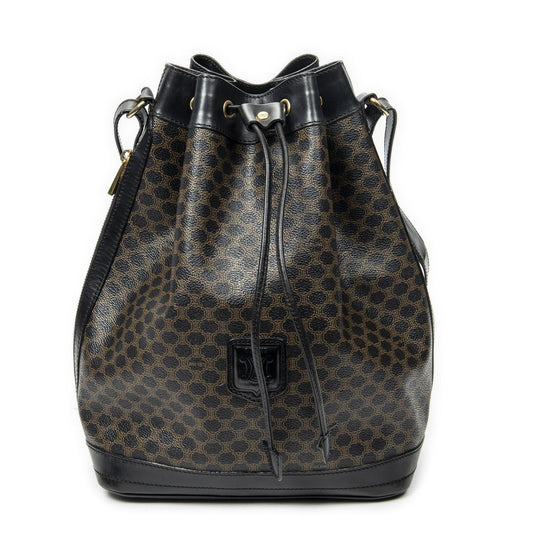 Celine Vintage Drawstring Bucket Tote Black Brown Macadam Canvas