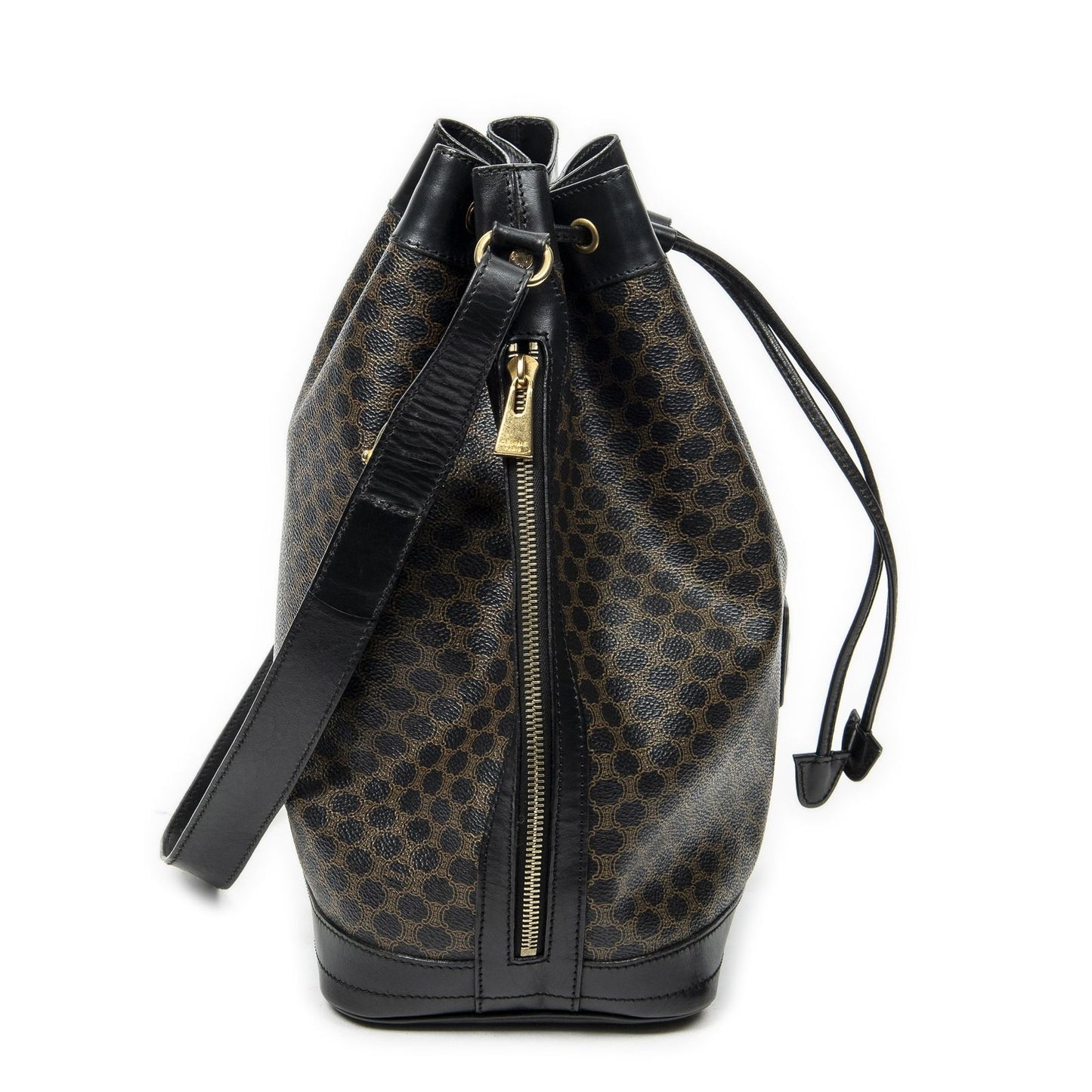 Celine Vintage Drawstring Bucket Tote Black Brown Macadam Canvas — view 4