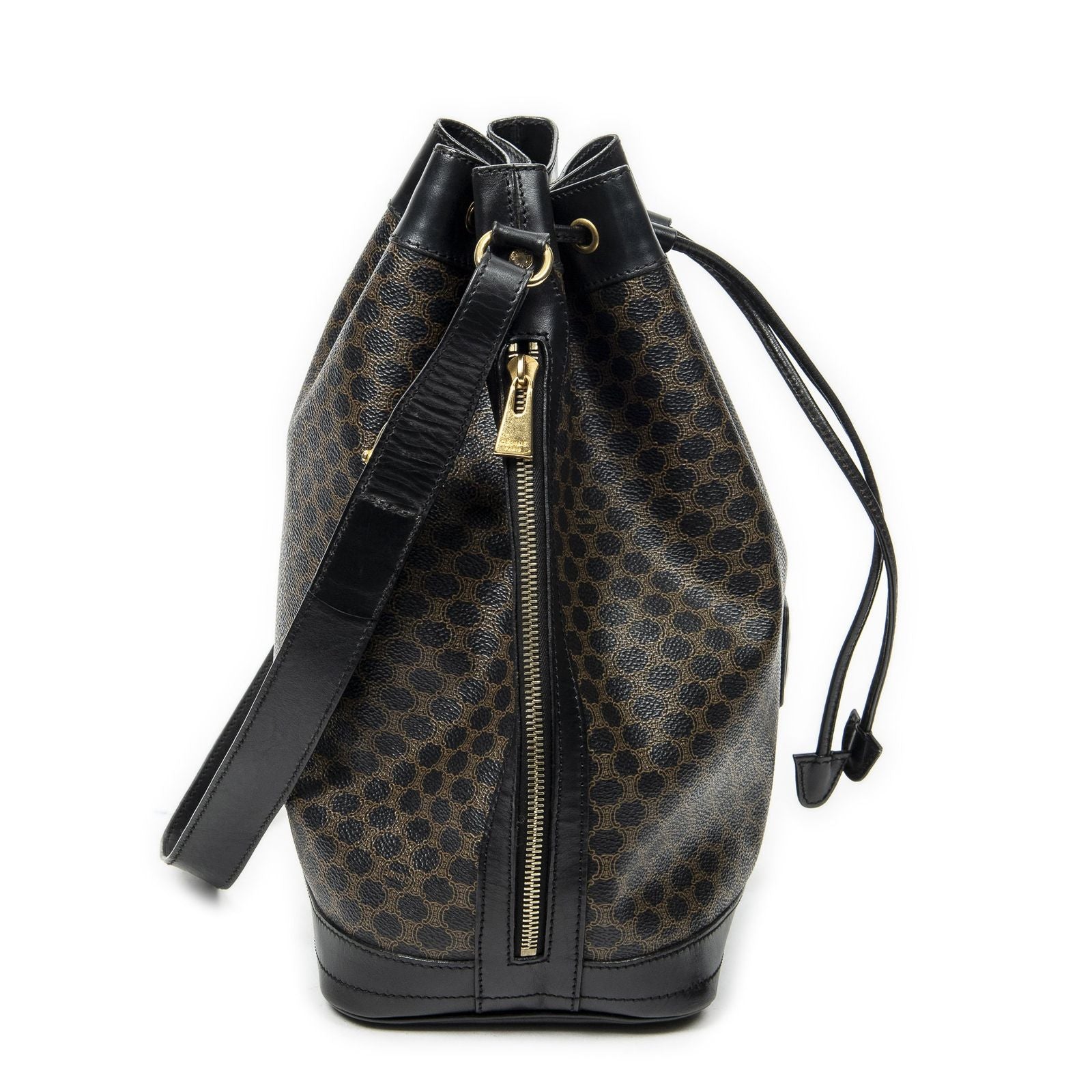 Celine Vintage Drawstring Bucket Tote Black Brown Macadam Canvas — view 4
