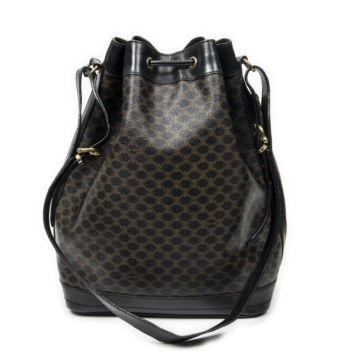 Celine Vintage Drawstring Bucket Tote Black Brown Macadam Canvas — view 5