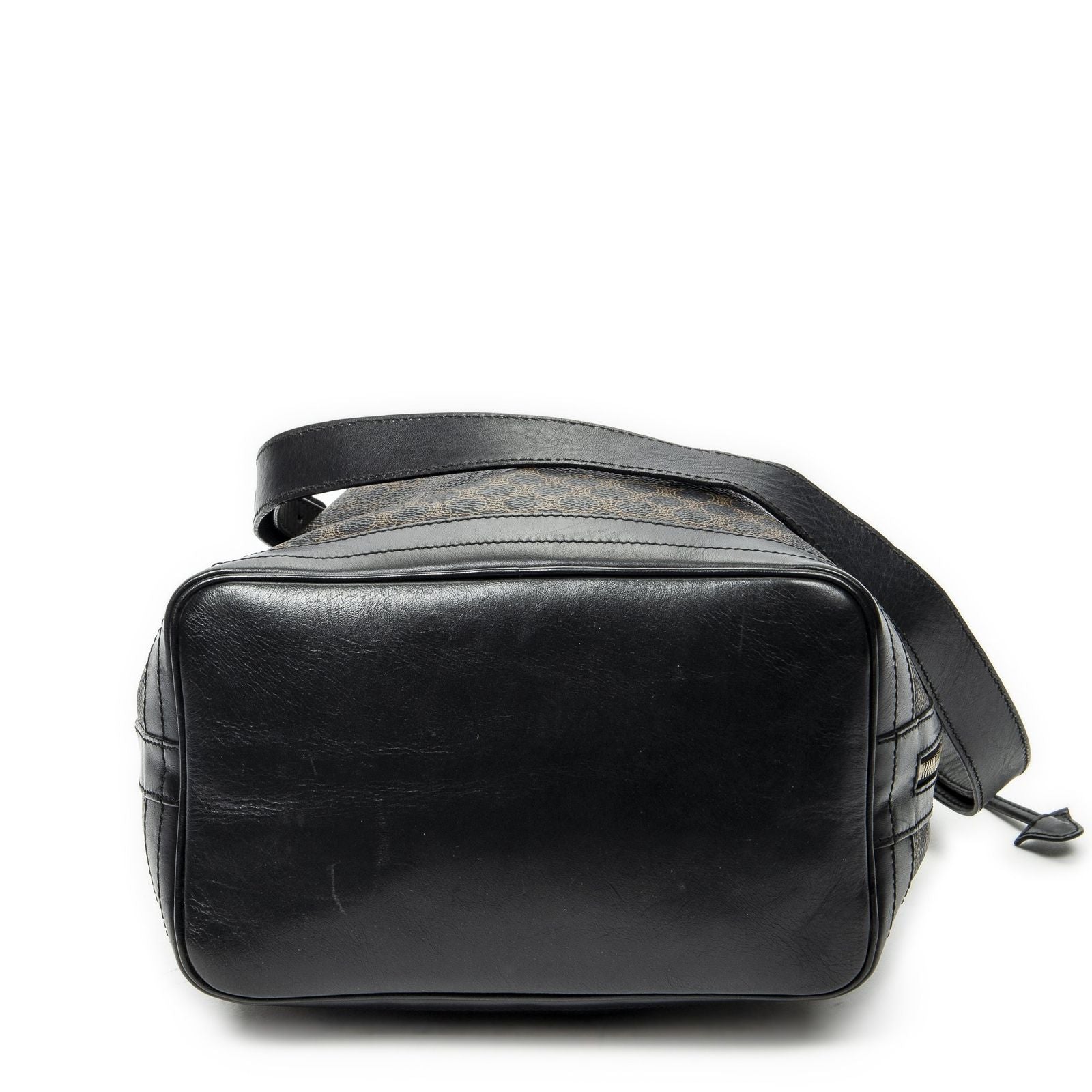 Celine Vintage Drawstring Bucket Tote Black Brown Macadam Canvas — view 6