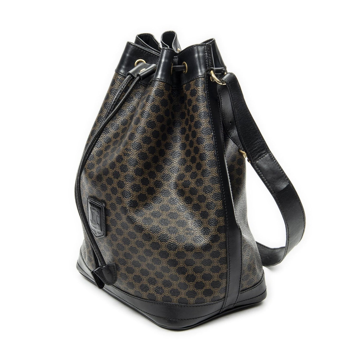 Celine Vintage Drawstring Bucket Tote Black Brown Macadam Canvas — view 2