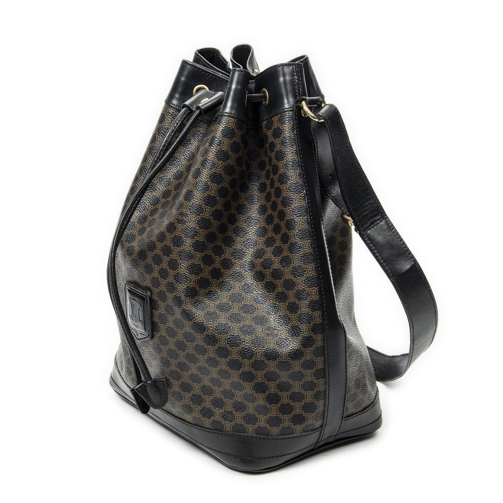 Celine Vintage Drawstring Bucket Tote Black Brown Macadam Canvas — view 2
