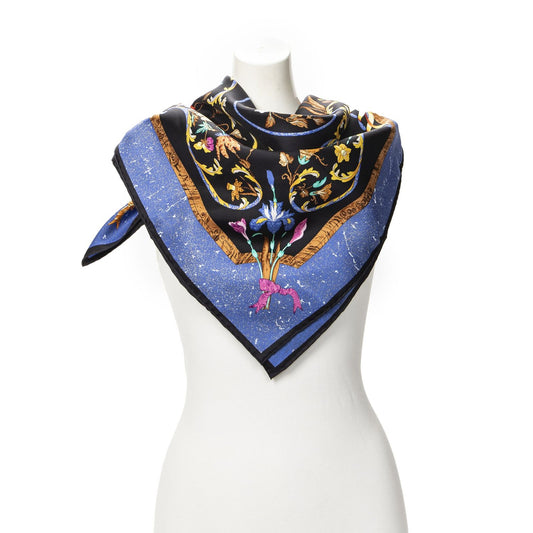 Hermes Scarf Black Blue Yellow Silk