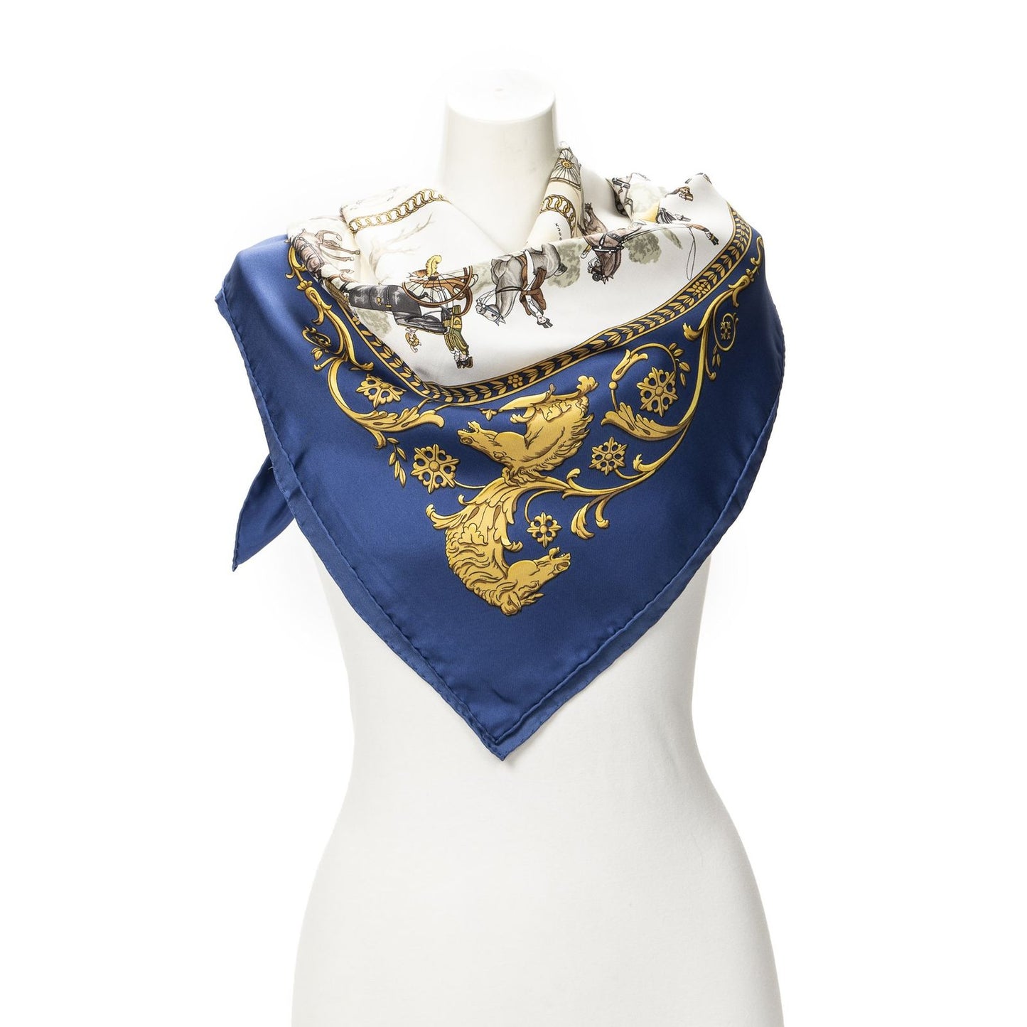 Hermes Scarf Blue Ivory Gold Silk