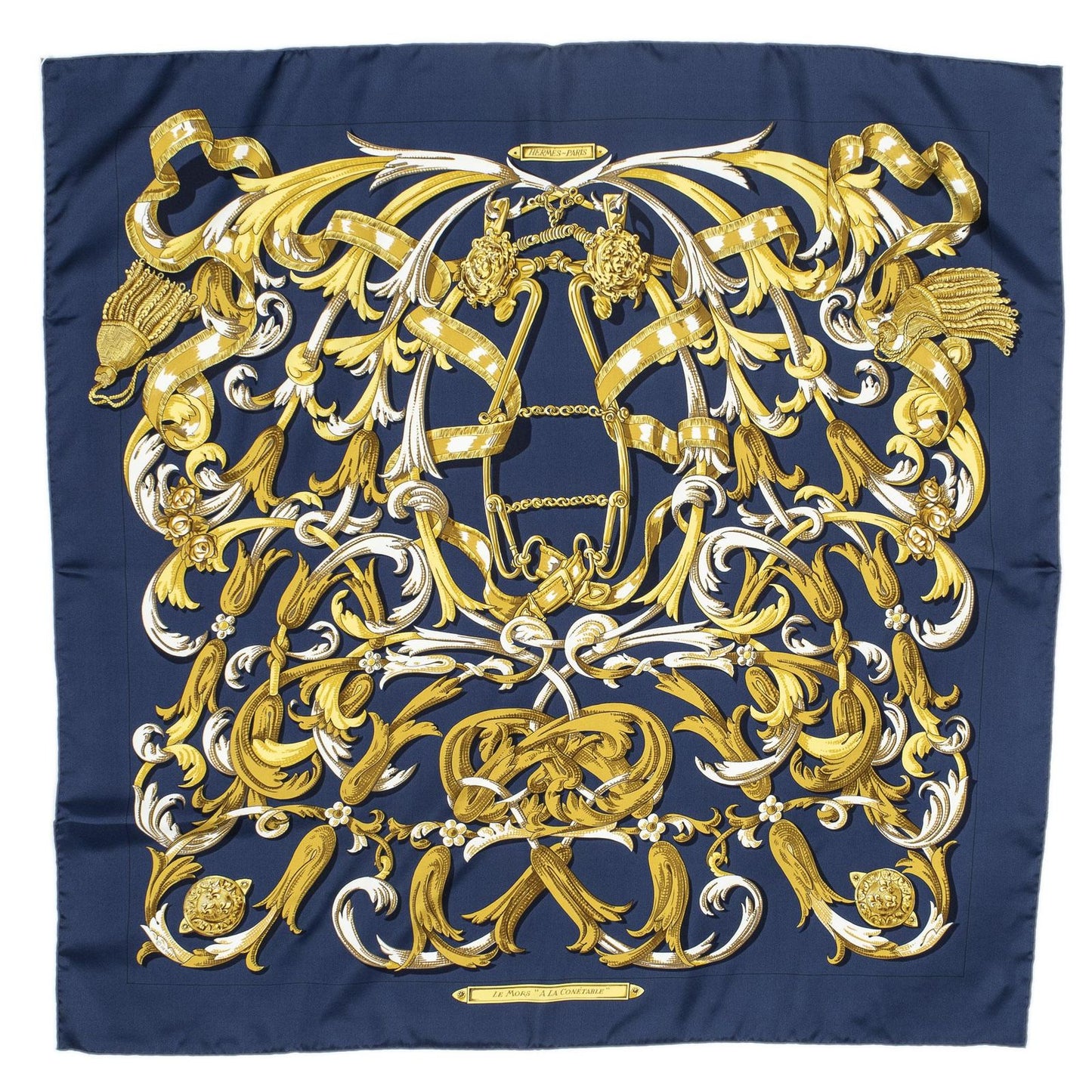 Hermes Scarf Navy Gold White Silk — view 2
