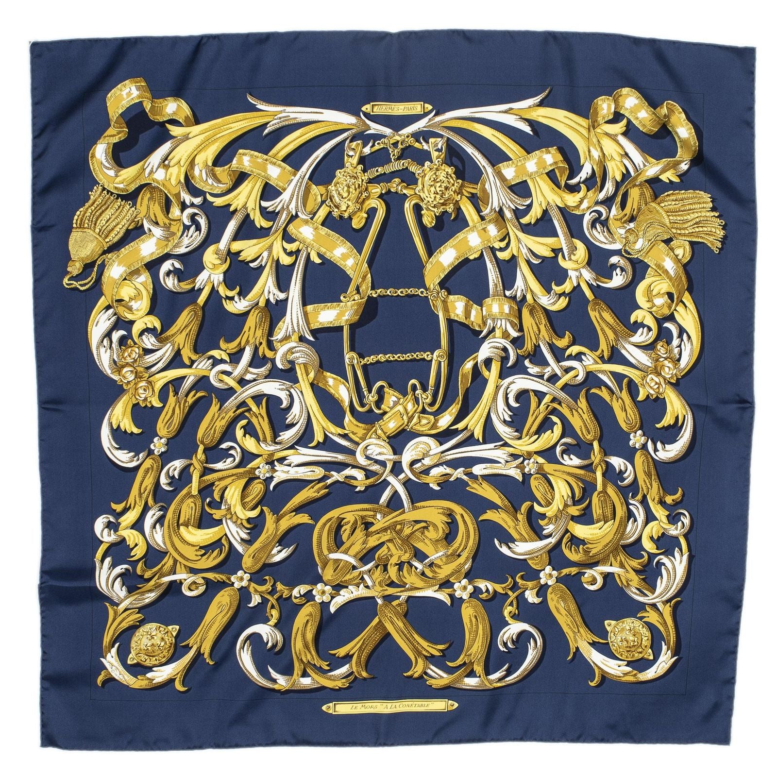 Hermes Scarf Navy Gold White Silk — view 2