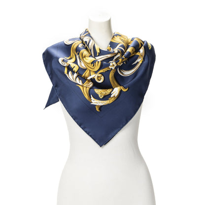 Hermes Scarf Navy Gold White Silk